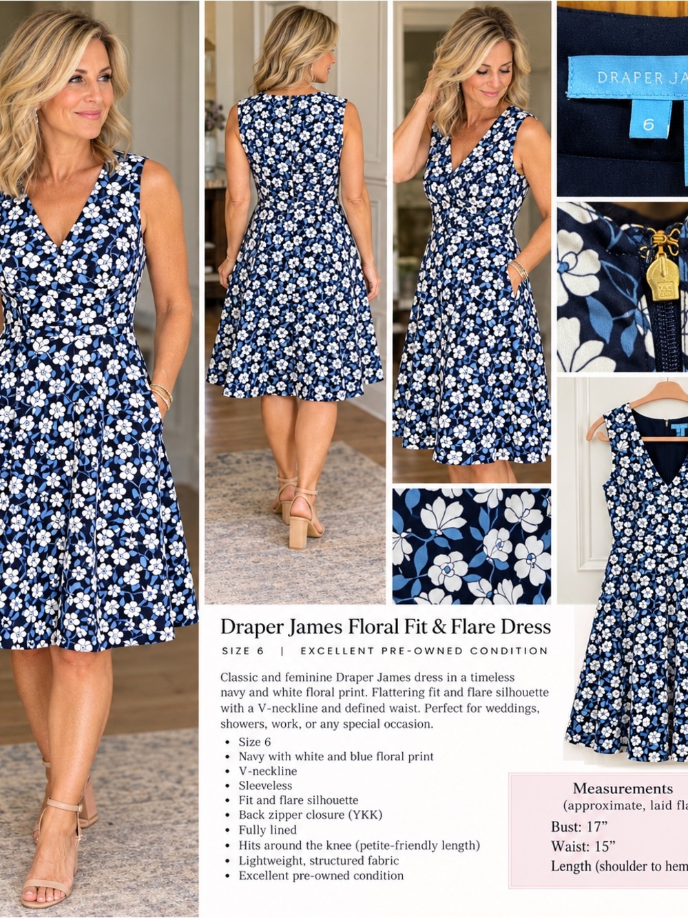 Draper James Navy & White Floral V‑Neck Fit‑and‑Flare Dress